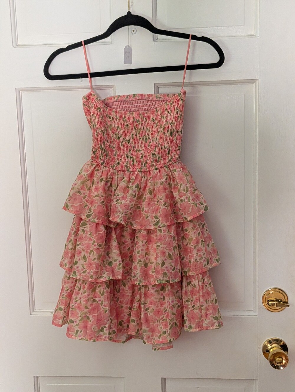 Selfie Leslie Pink Floral Shirred Strapless Tiered Ruffle Mini Dress M - Picture 5 of 5